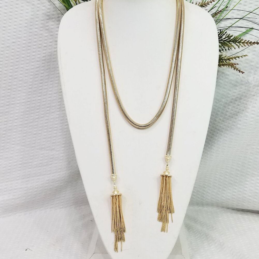 New!  Gold Tone Tubular Serpentine Snake 52" Scarf Necklace With Fringe Ends